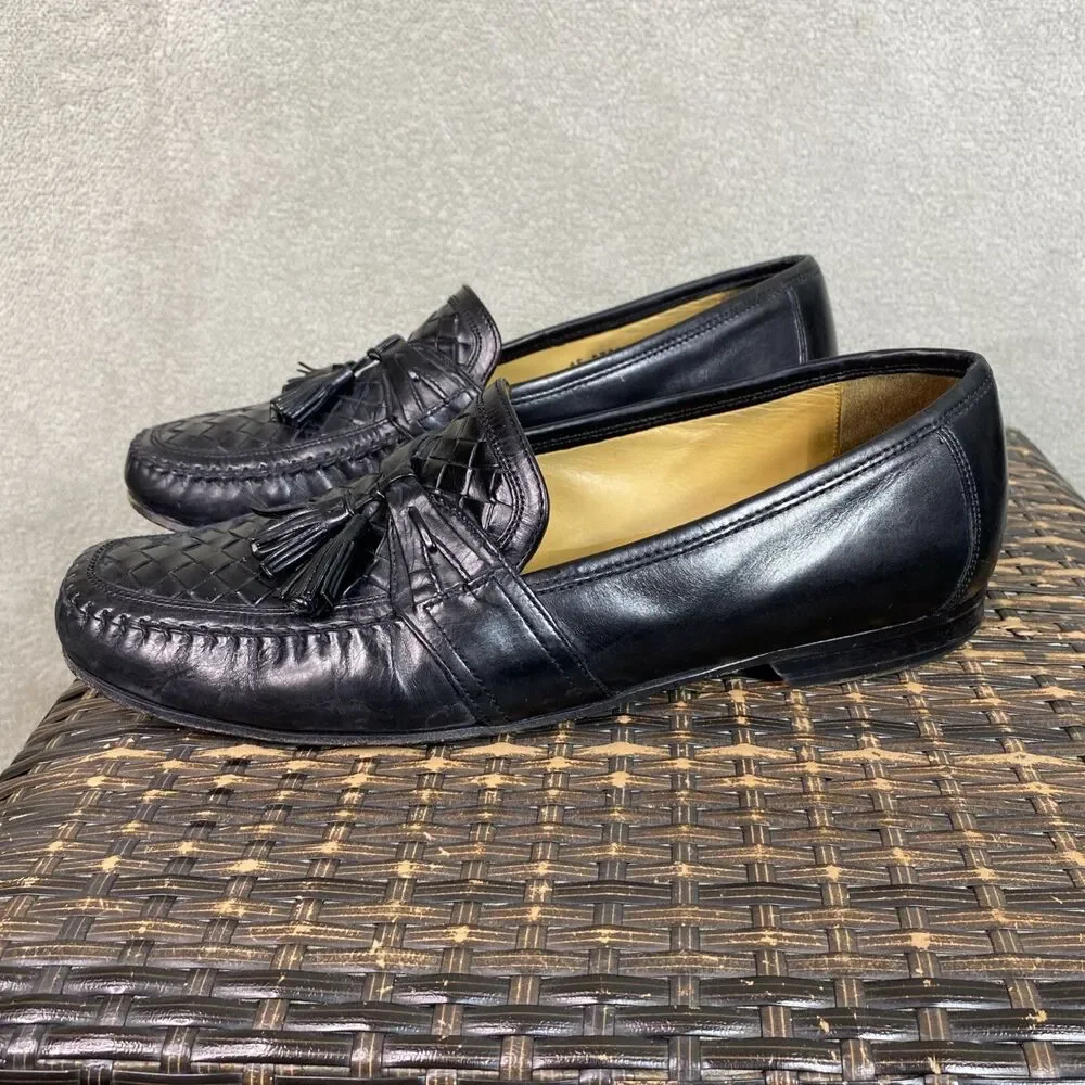 Johnston Murphy Mens Loafers Leather Black Dress Shoes 10.5M Woven Tassel